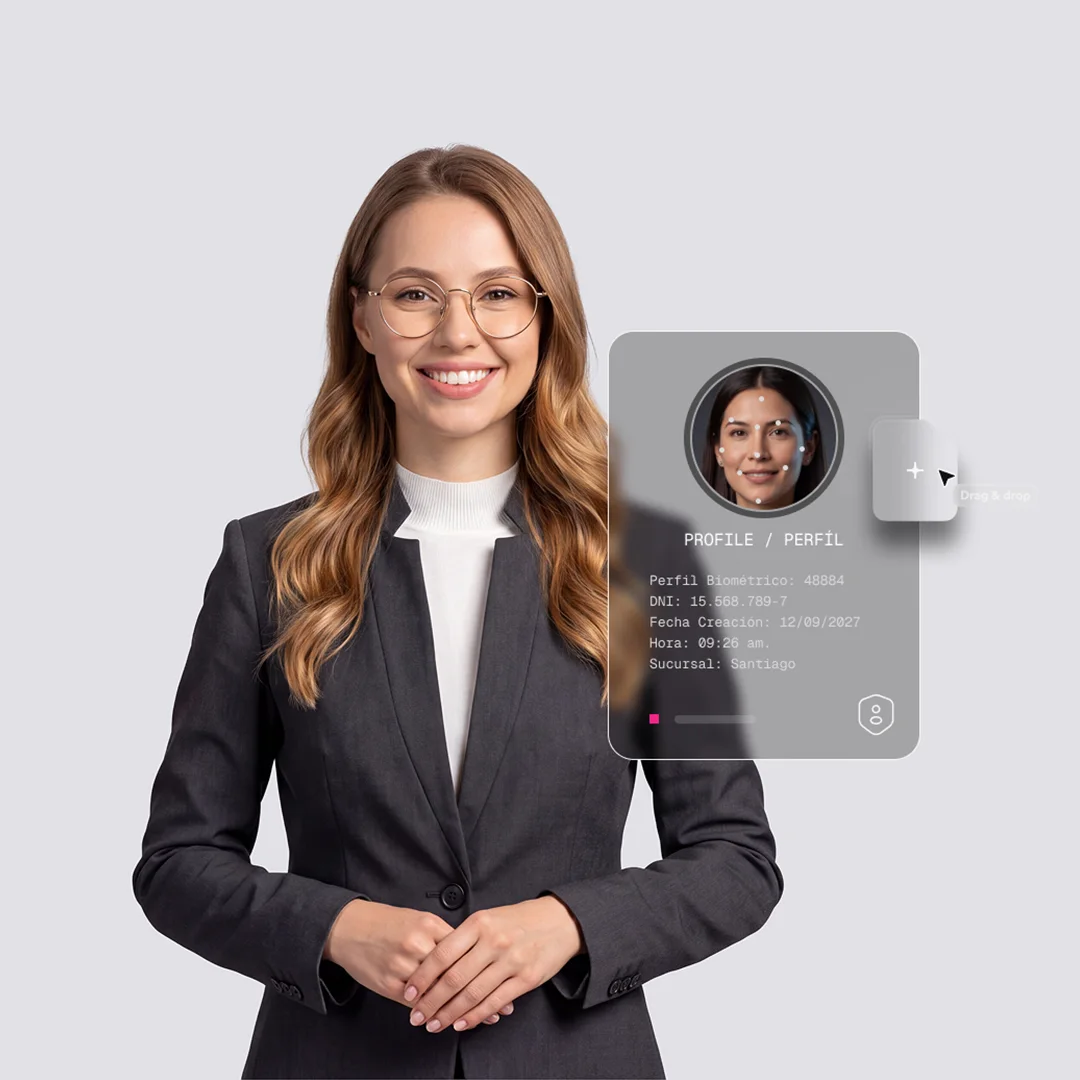 Agente virtual de Be identity: ejecutiva interactuando con un perfil biométrico en pantalla