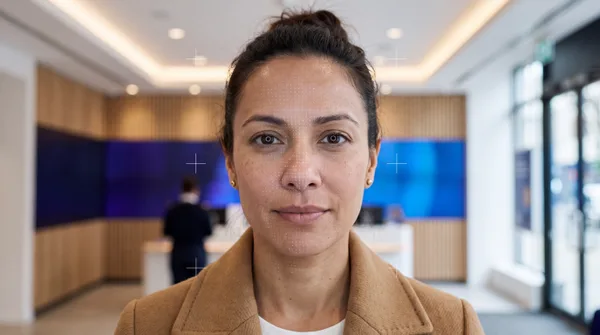 Reconocimiento facial 3D de una clienta en sucursal bancaria
