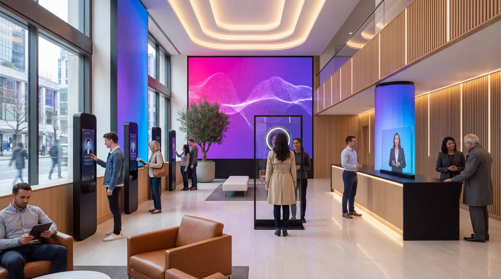 Hall de acceso del campus con pantalla LED curva continua