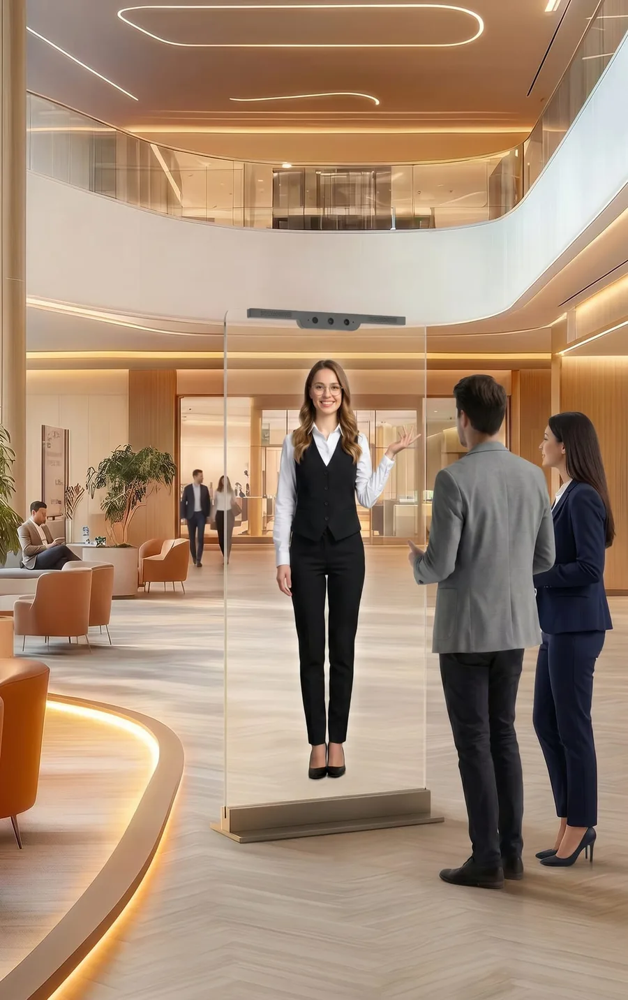 Anfitriona virtual a escala real proyectada en vidrio LED transparente en un lobby corporativo